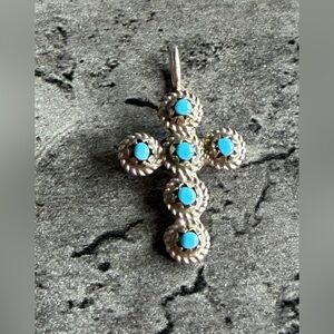Turquoise and Sterling Silver Cross Pendant Native Made
